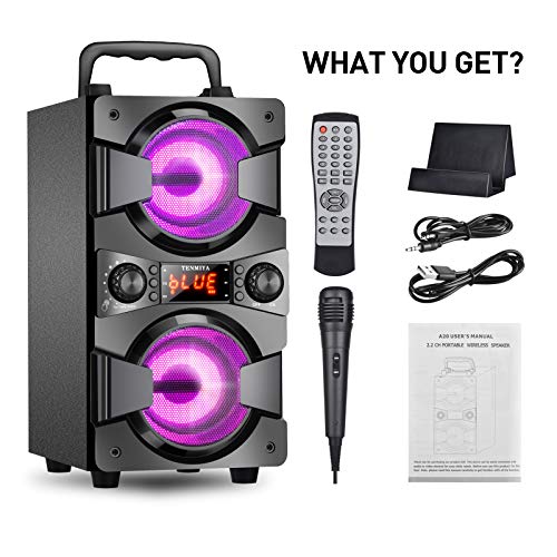 60W Bluetooth Speakers Portable Wireless Speaker with Double Subwoofer Heavy Bass, FM Radio, Microphone, Lights, Remote EQ, Loud Boom Box Stereo Sound System Speaker for Home Outdoor Party Gifts(1MIC)