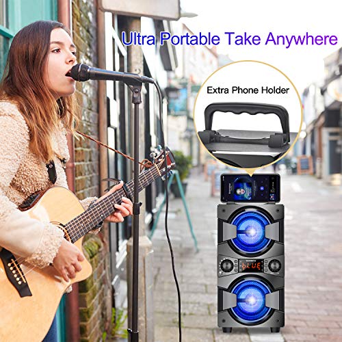 60W Bluetooth Speakers Portable Wireless Speaker with Double Subwoofer Heavy Bass, FM Radio, Microphone, Lights, Remote EQ, Loud Boom Box Stereo Sound System Speaker for Home Outdoor Party Gifts(1MIC)