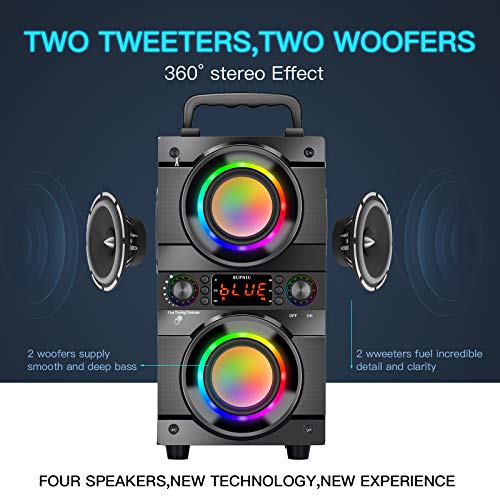 60W (80W Peak) Portable Bluetooth Speaker with Double Subwoofer Heavy Bass, Bluetooth 5.0 Wireless 100ft Outdoor Speaker, Support FM Radio, LED Colorful Lights, Stereo Sound, for Home, Party, Travel