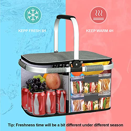 LIQING 35L Large Picnic Basket Shopping Travel Camping Grocery Bags 2 Layers of Internal Pockets Leak-Proof and Insulated Folding, Internal Support Does Not Collapse