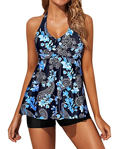 Yonique Two Piece Tankini Swimsuits for Women with Shorts Halter V Neck Bathing Suits Flowy Twist Front Swimwear