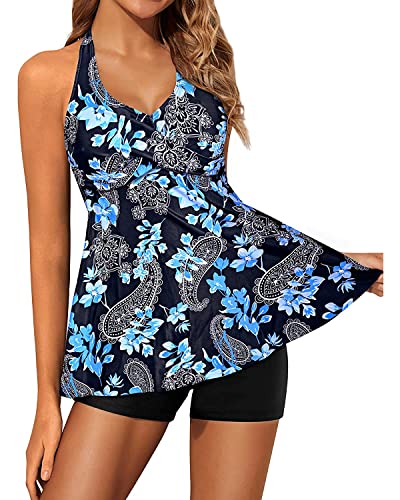 Yonique Two Piece Tankini Swimsuits for Women with Shorts Halter V Neck Bathing Suits Flowy Twist Front Swimwear