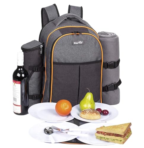 Hap Tim Picnic Basket Backpack for 4 Person with Insulated Cooler Compartment, Wine Holder, Fleece Blanket, Cutlery Set, Engagement Gifts for Couples, Bridal Shower Gift, Wedding Gifts(36021)