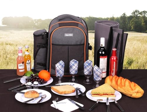 Hap Tim Picnic Basket Backpack for 4 Person with Insulated Cooler Compartment, Wine Holder, Fleece Blanket, Cutlery Set, Engagement Gifts for Couples, Bridal Shower Gift, Wedding Gifts(36021)