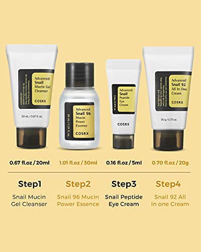 COSRX All About Snail Mucin Korean Skin Care Set, Mini Travel Essentials, Travel Size Gift Set with Snail Mucin Face Wash, Serum, Moisturizer & Eye Cream, Rejuvenating Kit