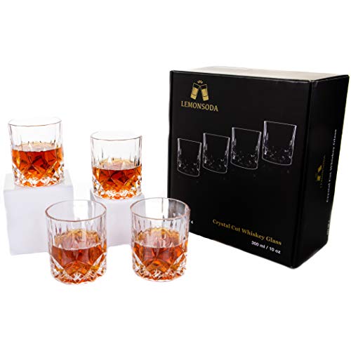 LEMONSODA Crystal Cut Old Fashioned Whiskey Glasses - Set of 4-10oz Ultra-Clear Premium Lead-Free Crystal Glass Tumbler For Drinking Bourbon, Scotch, Cocktails