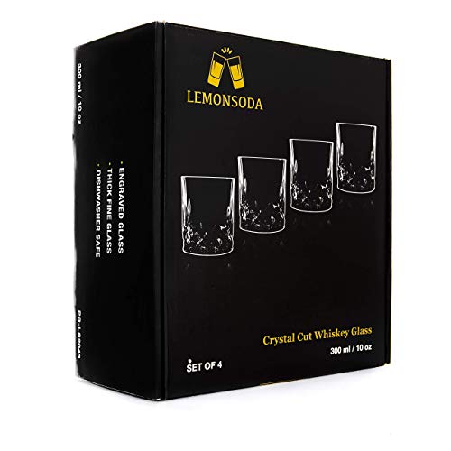 LEMONSODA Crystal Cut Old Fashioned Whiskey Glasses - Set of 4-10oz Ultra-Clear Premium Lead-Free Crystal Glass Tumbler For Drinking Bourbon, Scotch, Cocktails