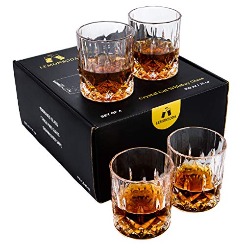 LEMONSODA Crystal Cut Old Fashioned Whiskey Glasses - Set of 4-10oz Ultra-Clear Premium Lead-Free Crystal Glass Tumbler For Drinking Bourbon, Scotch, Cocktails