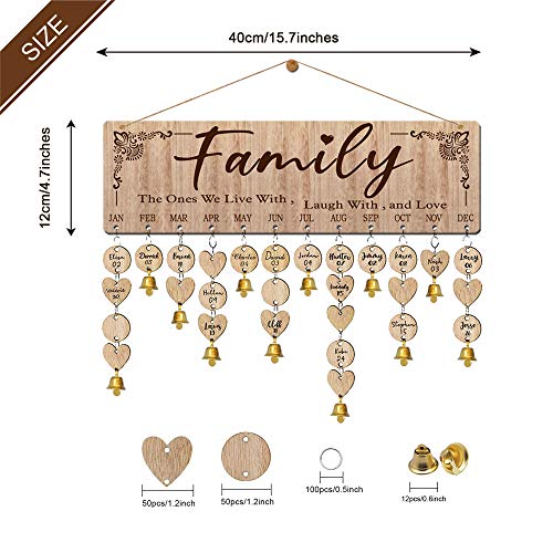 Buecasa Wooden Family Birthday Reminder Calendar Board Wall Hanging - DIY Decorative Birthday Tracker Plaque with 100 Tags