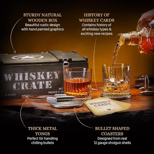 Bullet Whiskey Stones Gift Set by Royal Reserve | Artisan Crafted Chilling Rocks Scotch Bourbon Glasses and Coasters – Gift for Ranger Police Hunter Guy Men Dad Boyfriend Anniversary or Retirement