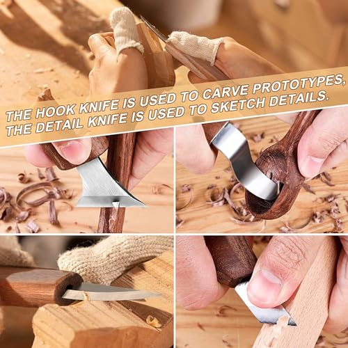 Ninonly Wood Carving Tools 13pcs Wood Carving Kits - Includes Hook Carving Knife Detail Wood Knife Whittling Knife Oblique Knife Trimming Knife Chip Carving Knife for Beginners Spoon Bowl Woodworking