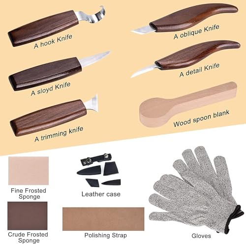 Ninonly Wood Carving Tools 13pcs Wood Carving Kits - Includes Hook Carving Knife Detail Wood Knife Whittling Knife Oblique Knife Trimming Knife Chip Carving Knife for Beginners Spoon Bowl Woodworking