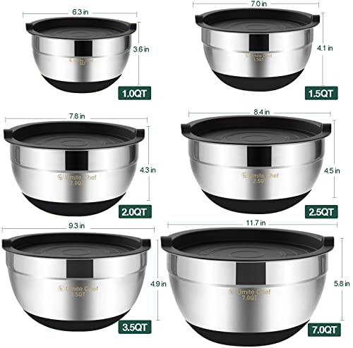 Umite Chef Mixing Bowls with Airtight Lids，6 piece Stainless Steel Metal Nesting Storage Bowls, Non-Slip Bottoms Size 7, 3.5, 2.5, 2.0,1.5, 1QT, Great for Mixing & Serving(Black)