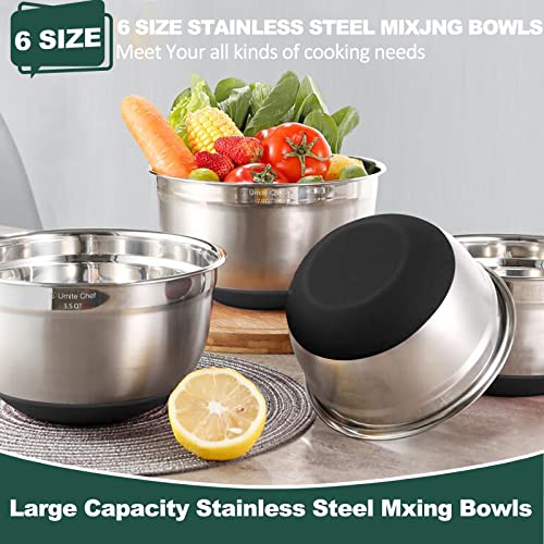 Umite Chef Mixing Bowls with Airtight Lids，6 piece Stainless Steel Metal Nesting Storage Bowls, Non-Slip Bottoms Size 7, 3.5, 2.5, 2.0,1.5, 1QT, Great for Mixing & Serving(Black)