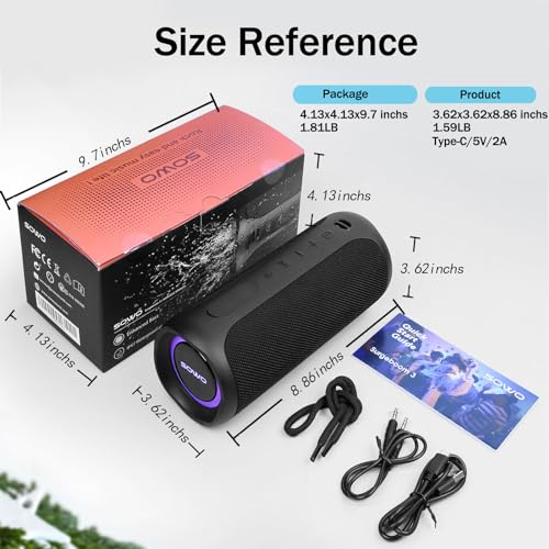 SOWO Waterproof Bluetooth Speaker Wireless- Portable Speaker Loud with Built-in Subwoofer and Tweeter, Extra Bass, Stereo Sound, IP67, Colorful Lights for Party, Outdoor, Camping - Black