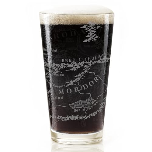 MAP OF MORDOR & GONDOR Engraved 16oz Pint Glass | Inspired by Tolkien LOTR and Middle Earth | Great Christmas Gift Idea | Unique Elvish Hobbit Wizard Fantasy Decor!