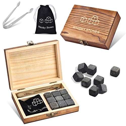 Whiskey Stones, Whiskey Stone Gift Set, 9 Granite Whisky Rocks, Burbon Gifts Cool Presents for Men Dad Husband Boyfriend, Unique Anniversary Birthday Wedding Gift Ideas - by Angde