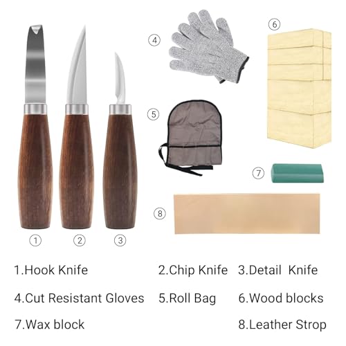 Wood Whittling Kit with Basswood Wood Blocks Gifts Set for Adults and Kids Beginners, Wood Carving Kit Set Includes 3pcs Wood Carving Knife & 8pcs Blocks & Gloves for Widdling Kit