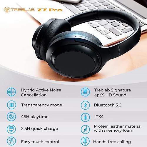 TREBLAB Z7 Pro - Hybrid Active Noise Cancelling Headphones - Pure aptX-HD Sound - 45H Playtime, Fast Charging - Over Ear Wireless Bluetooth Headphones