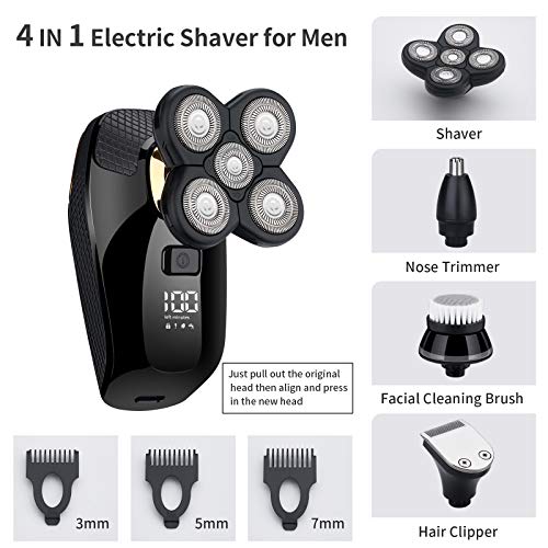 4 in1 Electric Head Shaver Bald Shaver Set Wet Dry Cordless Shaver for Men with Clippers Nose & Ear Trimmer Facial Cleansing Rechargeable Razors IPX6 Waterproof