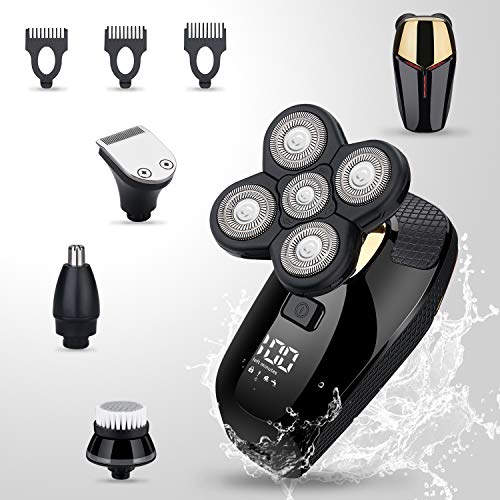 4 in1 Electric Head Shaver Bald Shaver Set Wet Dry Cordless Shaver for Men with Clippers Nose & Ear Trimmer Facial Cleansing Rechargeable Razors IPX6 Waterproof