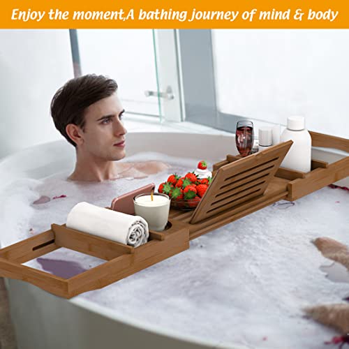 Bamboo Bathtub Tray Bath Tub Caddy with Expandable Handles Wine Glass Phone Holder Book Stand for Bathroom Luxury Spa Wooden Bath Table Board for Reading Laptop Over The Clawfoot tub (Walnut)