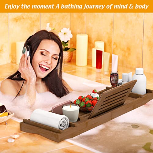 Bamboo Bathtub Tray Bath Tub Caddy with Expandable Handles Wine Glass Phone Holder Book Stand for Bathroom Luxury Spa Wooden Bath Table Board for Reading Laptop Over The Clawfoot tub (Walnut)