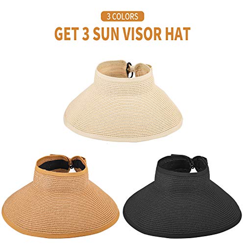 3PCS Foldable Straw Sun Visor Hats for Women, Wide Brim Ponytail Summer Beach Hat, Protect Your Skin Easily