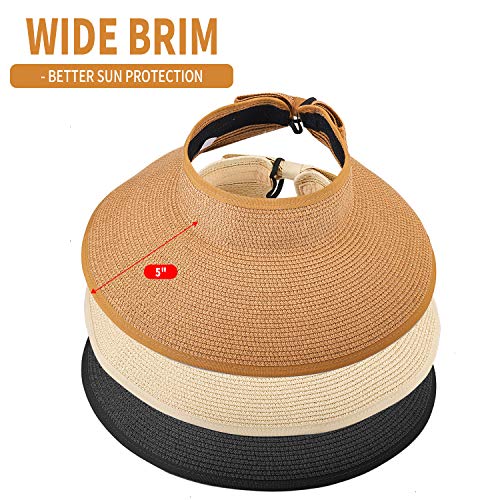 3PCS Foldable Straw Sun Visor Hats for Women, Wide Brim Ponytail Summer Beach Hat, Protect Your Skin Easily