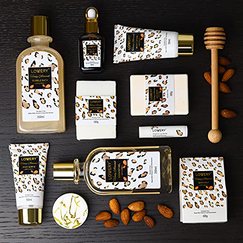 Fathers Day Home Spa Kit in Honey Almond Scent, Bath Gift Basket with Vit E-Rich Bath Essentials, Tumbler, Ear Candles, Bath Oil, Salts, Shower Steamer, Organic Lip Balm & More in Leopard Basket, 21Pc