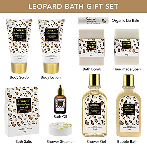 Fathers Day Home Spa Kit in Honey Almond Scent, Bath Gift Basket with Vit E-Rich Bath Essentials, Tumbler, Ear Candles, Bath Oil, Salts, Shower Steamer, Organic Lip Balm & More in Leopard Basket, 21Pc