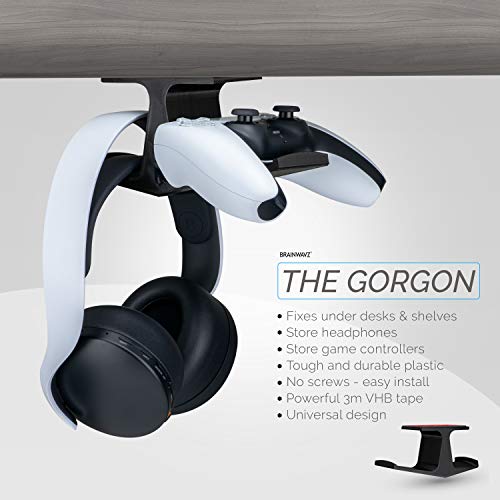 BRAINWAVZ The Gorgon - Under Desk Game Controller & Headphone Holder for XBOX, PS4, PS5, Series One, Steelseries, PC & Most Gamepads & Headsets, Screwless Hanger Stand, Black