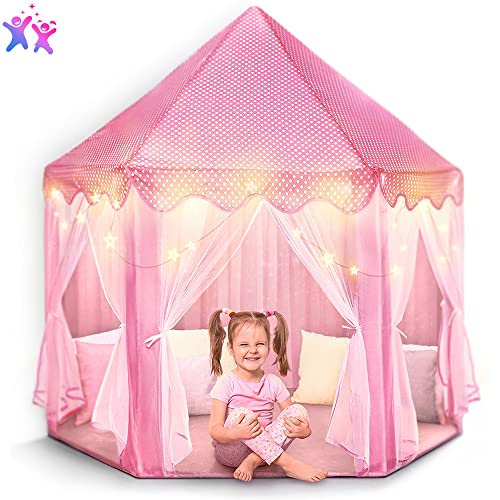 Castle Princess Tents for Little Girls with Lights, Soft Fairy Star Lighting for Indoor and Outdoor Play, Quick 55” x 53” Pop Up Canopy, Relaxation and Creative Space for Kids, Pink