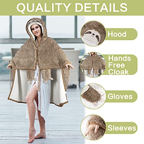 Sloth Wearable Hooded Blanket for Adults - Fluffy Super Soft Shaggy Faux Fur, Fuzzy Warm Cozy Plush Furry Fleece & Sherpa Hoodie Throw Cloak Wrap - Sloth Gifts for Women Adults and Kids