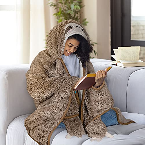 Sloth Wearable Hooded Blanket for Adults - Fluffy Super Soft Shaggy Faux Fur, Fuzzy Warm Cozy Plush Furry Fleece & Sherpa Hoodie Throw Cloak Wrap - Sloth Gifts for Women Adults and Kids