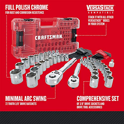 CRAFTSMAN VERSASTACK Mechanic Tool Set, 71-Piece, 1/4-in and 3/8-in Drive, SAE and Metric, Ratchets, Sockets, Hex Keys, Adaptor and More, Polish Chrome Finish (CMMT45071)