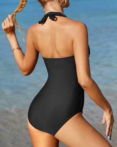 Aqua Eve Women Tummy Control Bathing Suits Halter One Piece Swinsuits Ruched Mesh Vintage Swimwear