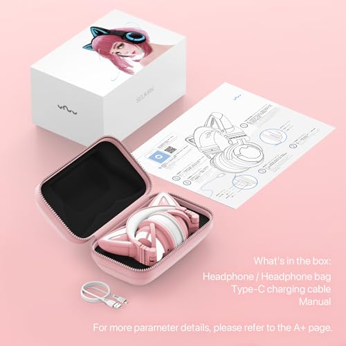 YOWU RGB Cat Ear Headphone 3G Wireless 5.0 Foldable Gaming Pink Headset with 7.1 Surround Sound, Built-in Mic & Customizable Lighting and Effect via APP, Type-C Charging Audio Cable -Pink