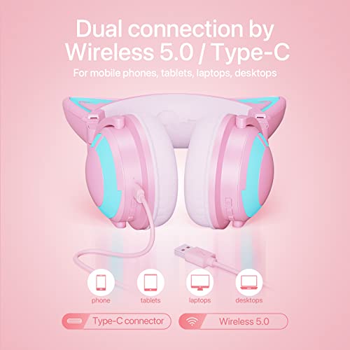 YOWU RGB Cat Ear Headphone 3G Wireless 5.0 Foldable Gaming Pink Headset with 7.1 Surround Sound, Built-in Mic & Customizable Lighting and Effect via APP, Type-C Charging Audio Cable -Pink