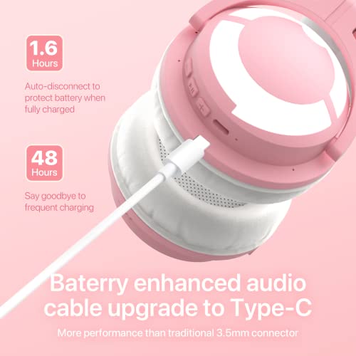 YOWU RGB Cat Ear Headphone 3G Wireless 5.0 Foldable Gaming Pink Headset with 7.1 Surround Sound, Built-in Mic & Customizable Lighting and Effect via APP, Type-C Charging Audio Cable -Pink