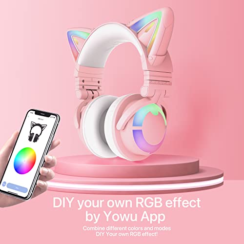 YOWU RGB Cat Ear Headphone 3G Wireless 5.0 Foldable Gaming Pink Headset with 7.1 Surround Sound, Built-in Mic & Customizable Lighting and Effect via APP, Type-C Charging Audio Cable -Pink