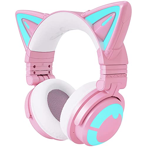 YOWU RGB Cat Ear Headphone 3G Wireless 5.0 Foldable Gaming Pink Headset with 7.1 Surround Sound, Built-in Mic & Customizable Lighting and Effect via APP, Type-C Charging Audio Cable -Pink