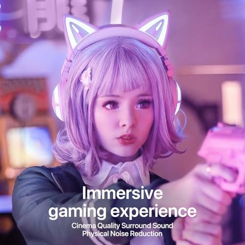 YOWU RGB Cat Ear Headphone 3G Wireless 5.0 Foldable Gaming Pink Headset with 7.1 Surround Sound, Built-in Mic & Customizable Lighting and Effect via APP, Type-C Charging Audio Cable -Pink