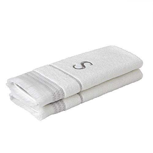 SKL Home Casual Monogram Hand Towel Set, S, 16x26, White 2 Count