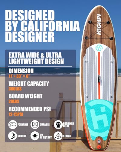 Highpi Inflatable Stand Up Paddle Board 11'x33''x6''W Premium SUP Accessories, Backpack, Wide Stance, Surf Control, Non-Slip Deck, Leash, Paddle and Pump,Standing Boat for Youth & Adult