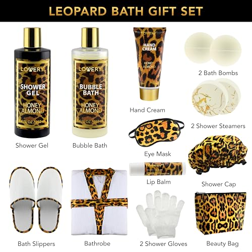 Fathers Day Gifts, At-Home Spa Kit with Honey Almond Scent, 17Pcs Relaxing Bath Gift Set with Vit E Rich Bath Essentials, Bubble Bath, Shower Steamer, Hand Cream, Lip Balm, Bath Robe, Slippers & More