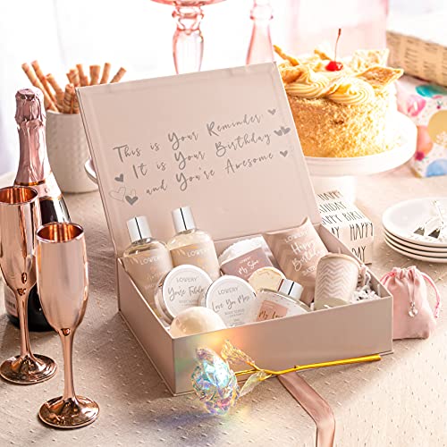 Birthday Gifts for Women, Birthday Spa Gift Basket for Women, Luxury Birthday Spa Gift Box with Vit E, Rich Bath Essentials, Diffuser, Candle, Sterling Silver CZ Heart Necklace, 24k Flower Rose & More