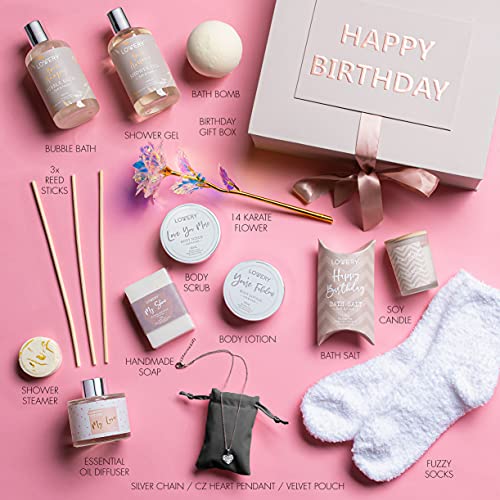 Birthday Gifts for Women, Birthday Spa Gift Basket for Women, Luxury Birthday Spa Gift Box with Vit E, Rich Bath Essentials, Diffuser, Candle, Sterling Silver CZ Heart Necklace, 24k Flower Rose & More