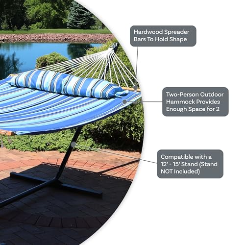 Sunnydaze Outdoor Quilted Fabric Hammock - Two-Person with Spreader Bars - Heavy-Duty 450-Pound Capacity - Misty Beach