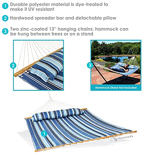 Sunnydaze Outdoor Quilted Fabric Hammock - Two-Person with Spreader Bars - Heavy-Duty 450-Pound Capacity - Misty Beach